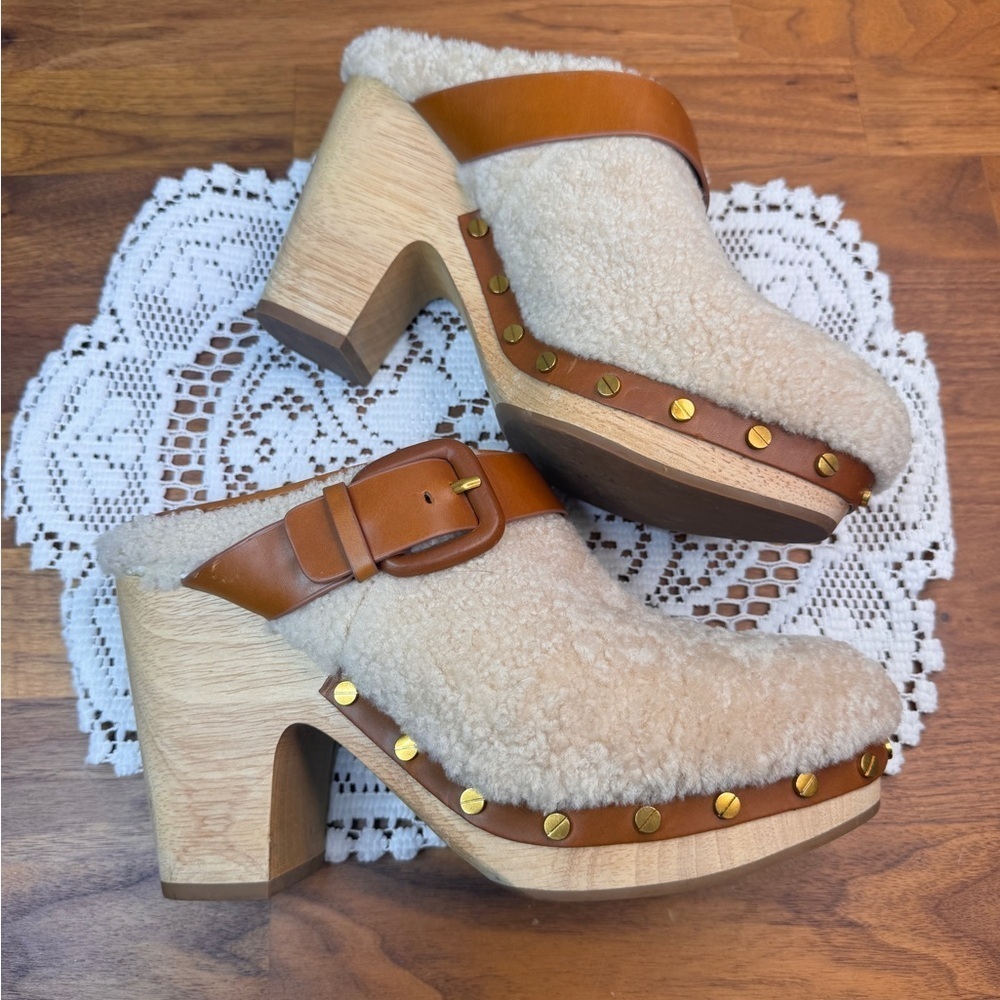 Veronica Beard Dacey Shearling Mules Heeled Size 8 Leather
